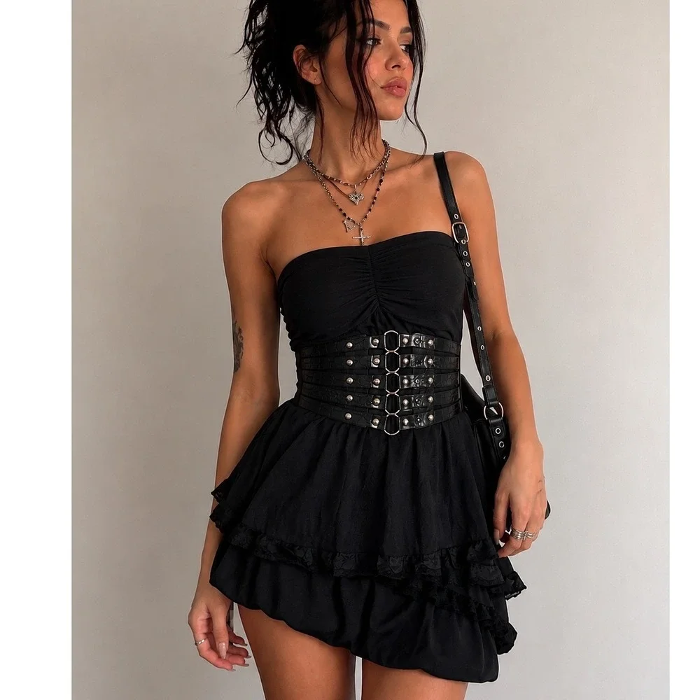 Y2K Goth Wide Elastic Waist Belt Studded O Ring Faux Croc Moto Corset